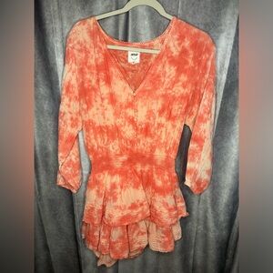Aerie AE Rock n Ruffle Dress Orange Tie Dye Boho Beachy Long Sleeve